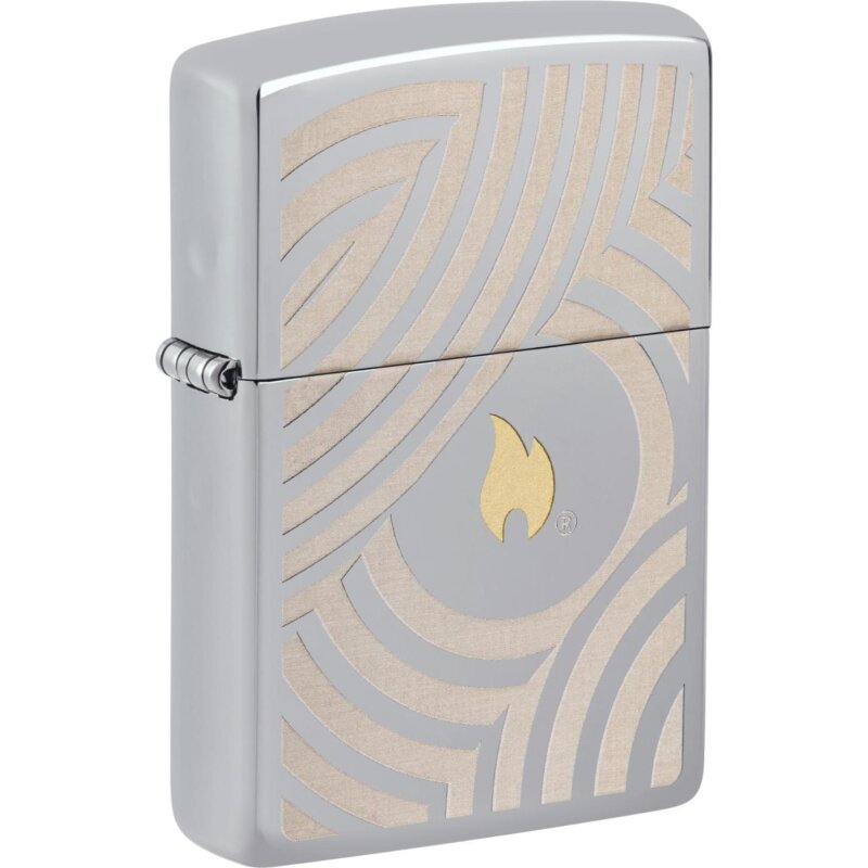 Ein edles High Polished Chrome Zippo Benzinfeuerzeug mit der Zippo Flame im Zentrum, wunderbar im Two Tone Laser Verfahren in eines geschwungene Struktur eingebettet.&amp;nbsp;