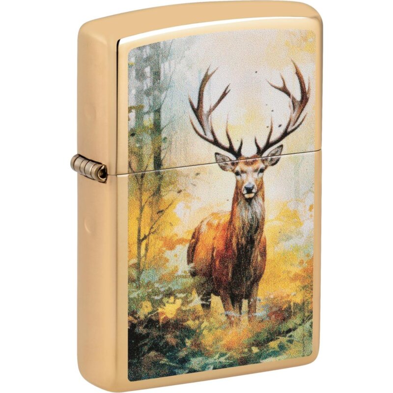 Ein stolzer Hirsch in seiner gewohnten Umgebung. Ein tolles Color Image auf einem edlen High Polish Brass Zippo Feuerzeug.