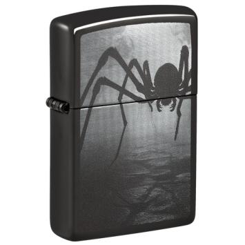 Eine tolle schwarze Spinne als Photo-Image auf einem High Polished Black Zippo Benzinfeuerzeug.