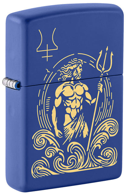 Der römische Gott Neptun beherrscht mit seinem Dreizack die Meere. Eine wunderbare Laser Gravur auf einem Royal Blue Zippo Benzinfeuerzeug.