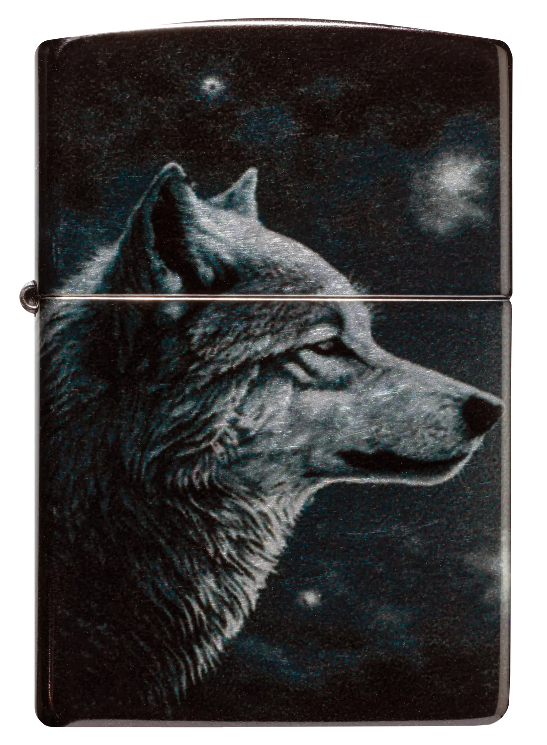 Zippo Wolf-Feuerzeug mit mystischem Design – detailreiche Gravur eines Wolfs vor sternenklarem Nachthimmel. Perfekt für Sammler.